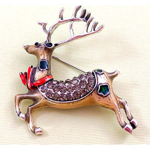 Rustic Reindeer with Antlers Brooch/Pin Adorned with Rhinestones